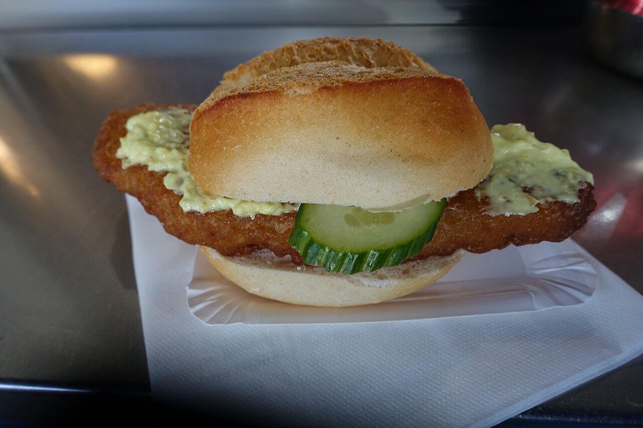 A fish roll with fried fish in a bun in Hamburg