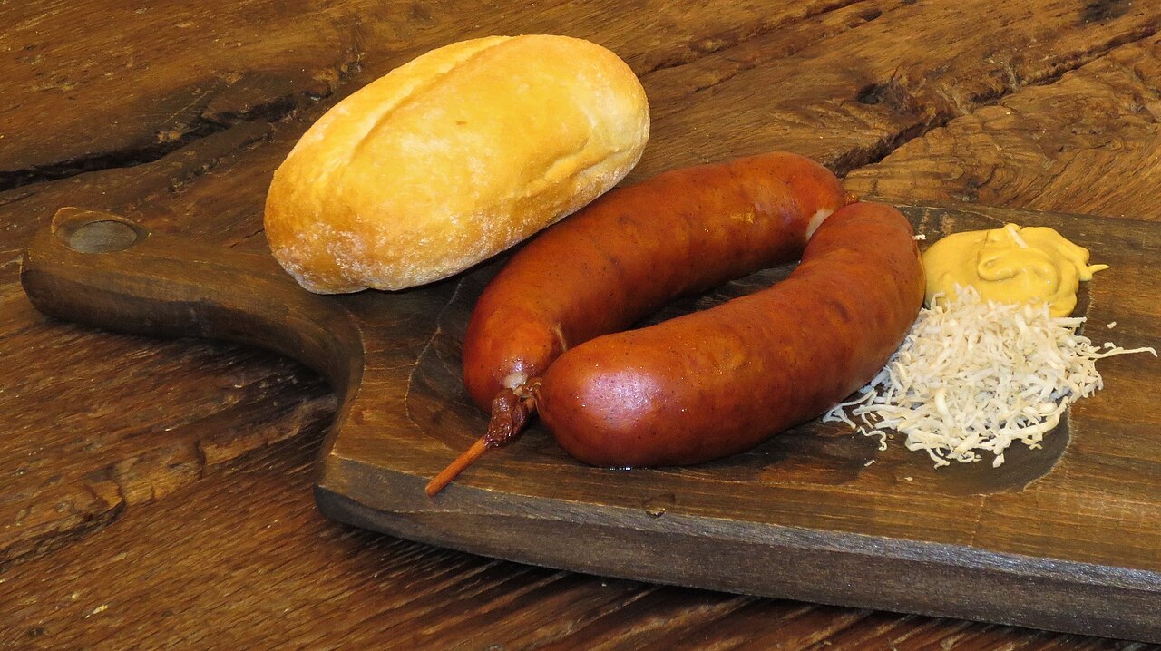Carniolan sausage, kranjska klobasa, served at a sausage restaurant in Ljubljana