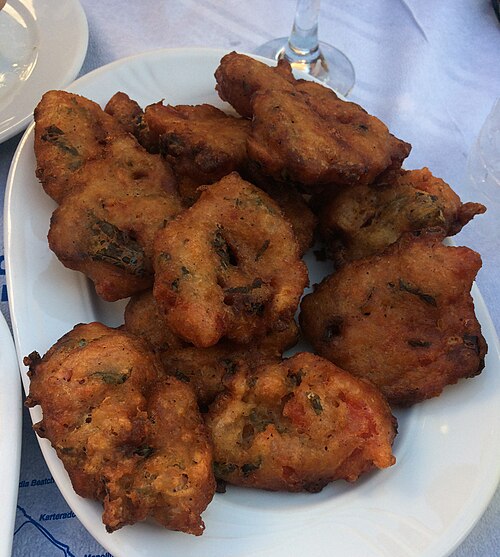 Tomato fritters, tomatokeftedes, a Santorini dish, on a plate