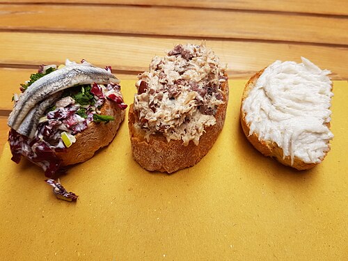 A counter of cicchetti, small Venetian snacks, at a bacaro