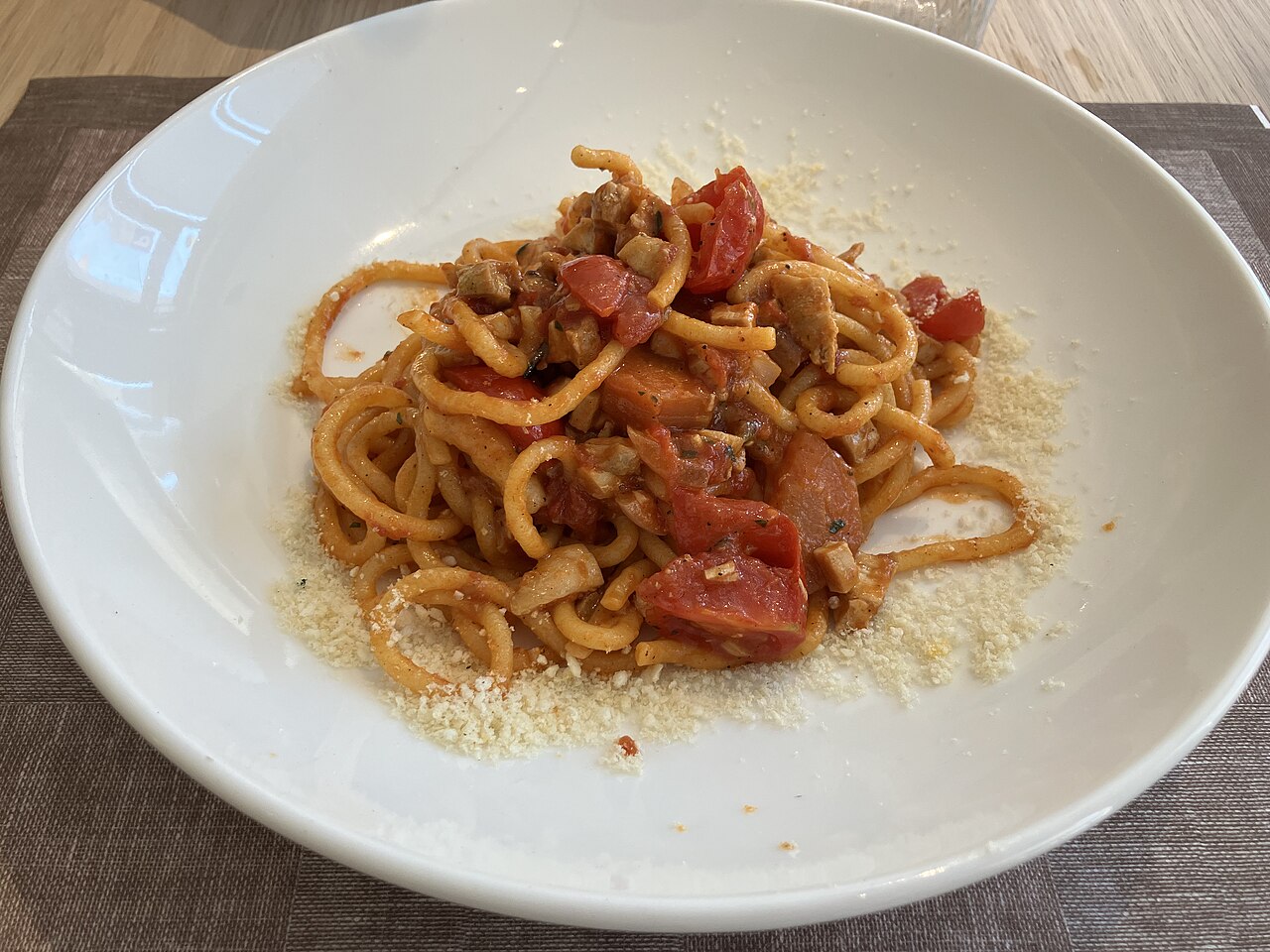 A plate of bigoli, the thick pasta of the Veneto, served in Verona